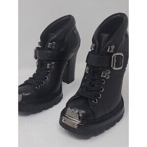 Miu Miu Ankle Combat Boots Moto Black Leather Steel Buckle Block Heels 35.5 IT